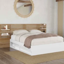 Lit double SAVANA avec tête de lit, chevets, rangements et sommier 140 x 190 cm blanc et façon hêtre