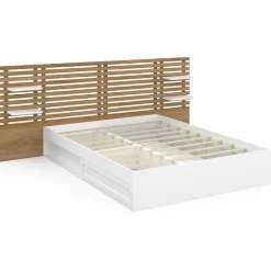 Lit double SAVANA avec tête de lit, chevets, rangements et sommier 140 x 190 cm blanc et façon hêtre