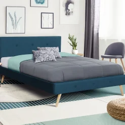 Lit double scandinave OSLO avec tête de lit et sommier 160 x 200 cm tissu bleu canard