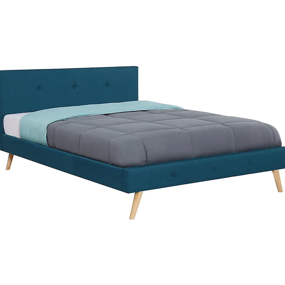 Lit double scandinave OSLO avec tête de lit et sommier 160 x 200 cm tissu bleu canard
