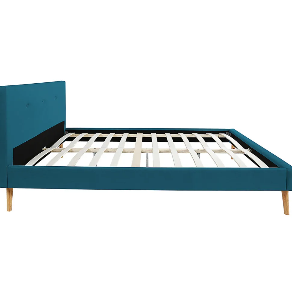 Lit double scandinave OSLO avec tête de lit et sommier 160 x 200 cm tissu bleu canard