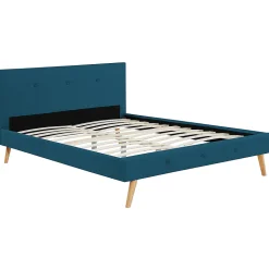 Lit double scandinave OSLO avec tête de lit et sommier 160 x 200 cm tissu bleu canard