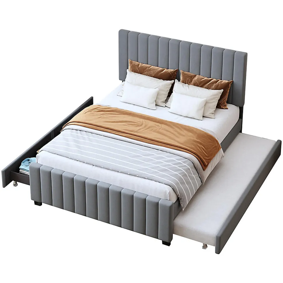 Lit double velours 140x190 cm, lit gigogne, 2 tiroirs - gris