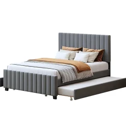 Lit double velours 140x190 cm, lit gigogne, 2 tiroirs - gris