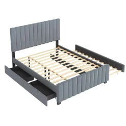 Lit double velours 140x190 cm, lit gigogne, 2 tiroirs - gris