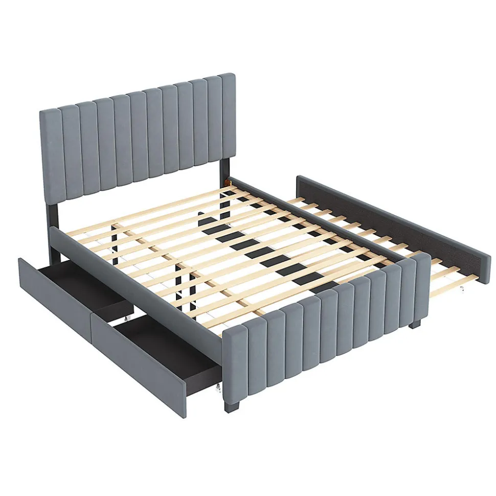 Lit double velours 140x190 cm, lit gigogne, 2 tiroirs - gris