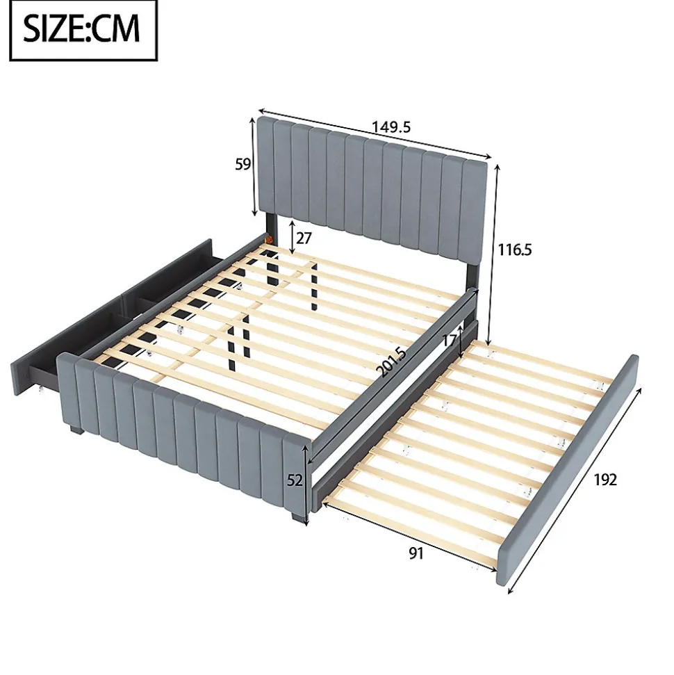 Lit double velours 140x190 cm, lit gigogne, 2 tiroirs - gris