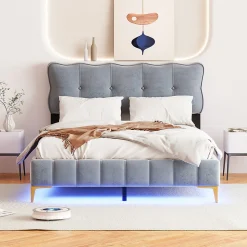 Lit Double 140x200 - Lit avec Éclairage LED, avec Sommier À Lattes, Sans Matelas, Velours Gris et Pieds Métalliques