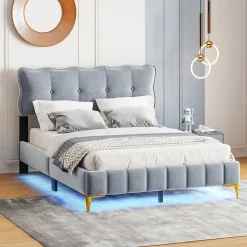 Lit Double 140x200 - Lit avec Éclairage LED, avec Sommier À Lattes, Sans Matelas, Velours Gris et Pieds Métalliques