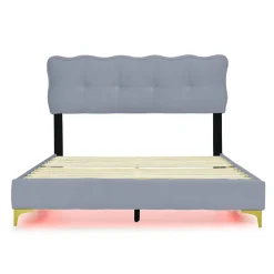 Lit Double 140x200 - Lit avec Éclairage LED, avec Sommier À Lattes, Sans Matelas, Velours Gris et Pieds Métalliques