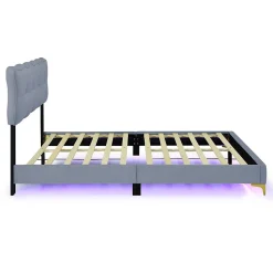 Lit Double 140x200 - Lit avec Éclairage LED, avec Sommier À Lattes, Sans Matelas, Velours Gris et Pieds Métalliques
