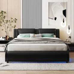 Lit Double 140x200 - Lit avec Éclairage LED et Sommier À Lattes, Sans Matelas, Simili Cuir Noir