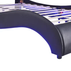 Lit Double 140x200 - Lit avec Éclairage LED et Sommier À Lattes, Sans Matelas, Simili Cuir Noir