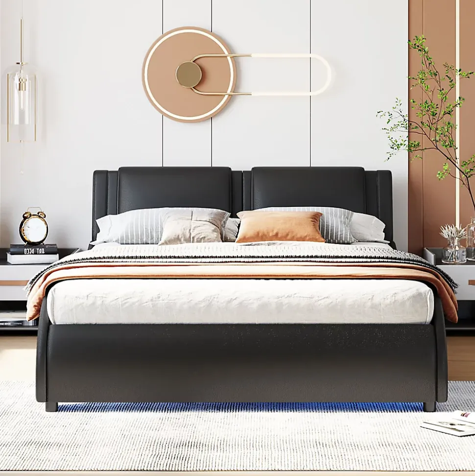 Lit Double 140x200 - Lit avec Éclairage LED et Sommier À Lattes, Sans Matelas, Simili Cuir Noir