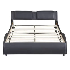 Lit Double 140x200 - Lit avec Éclairage LED et Sommier À Lattes, Sans Matelas, Simili Cuir Noir