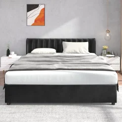 Lit Double 180x200 - Lit Capitonné en Velours Noir avec 2 Tiroirs, Lit Adulte Moderne avec Rangement