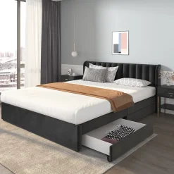 Lit Double 180x200 - Lit Capitonné en Velours Noir avec 2 Tiroirs, Lit Adulte Moderne avec Rangement