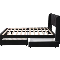 Lit Double 180x200 - Lit Capitonné en Velours Noir avec 2 Tiroirs, Lit Adulte Moderne avec Rangement