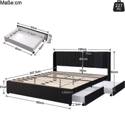 Lit Double 180x200 - Lit Capitonné en Velours Noir avec 2 Tiroirs, Lit Adulte Moderne avec Rangement