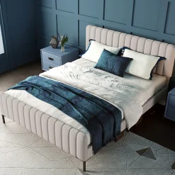 Lit double 160x200 - Lit rembourré avec cadre en bois et métal - Lin - Sans Matelas - Beige