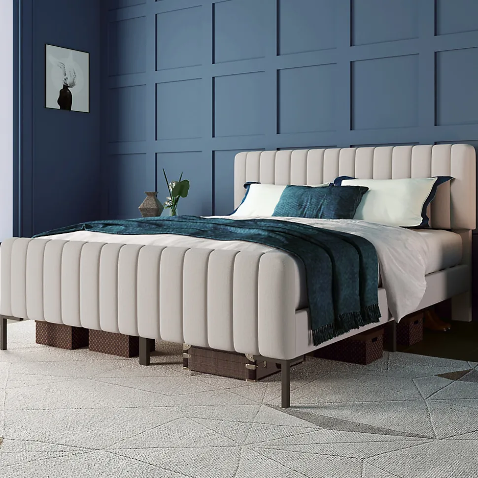 Lit double 160x200 - Lit rembourré avec cadre en bois et métal - Lin - Sans Matelas - Beige