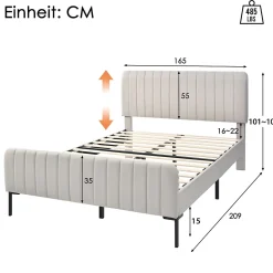 Lit double 160x200 - Lit rembourré avec cadre en bois et métal - Lin - Sans Matelas - Beige