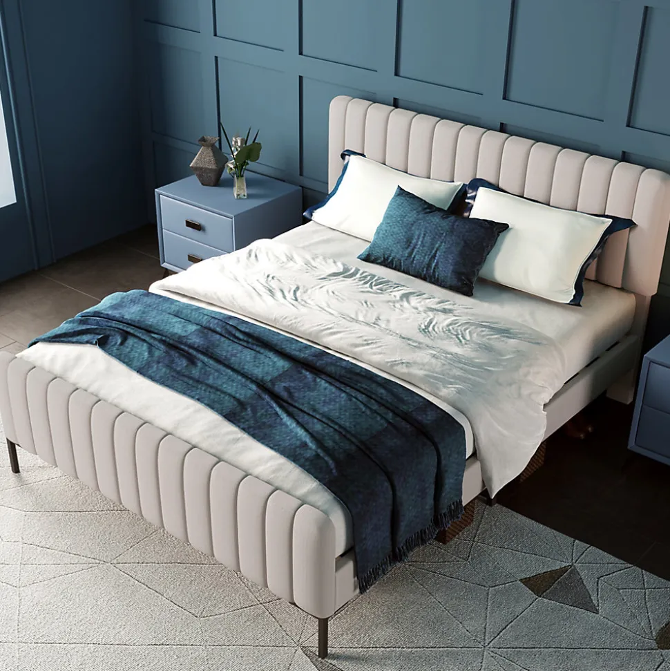 Lit double 140x200 - Lit rembourré avec cadre en bois et métal - Lin - Sans Matelas - Beige