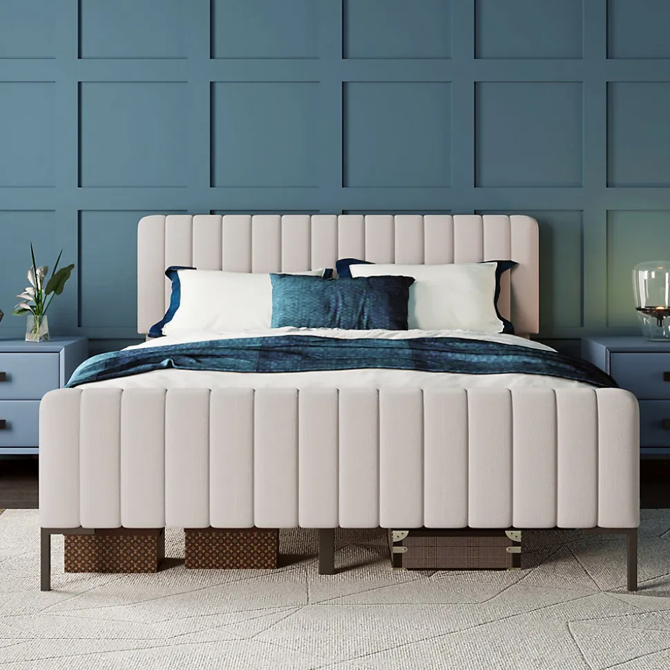 Lit double 140x200 - Lit rembourré avec cadre en bois et métal - Lin - Sans Matelas - Beige