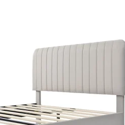 Lit double 140x200 - Lit rembourré avec cadre en bois et métal - Lin - Sans Matelas - Beige