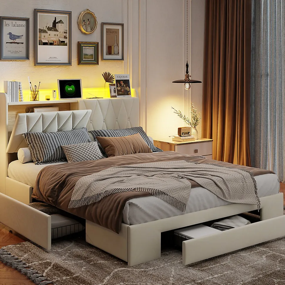 lit double 160x200 avec tiroirs,lit capitonné,rangement tête de lit, tête de lit ouverte,chargement USB,LED réglable,velours,beige