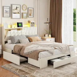 lit double 160x200 avec tiroirs,lit capitonné,rangement tête de lit, tête de lit ouverte,chargement USB,LED réglable,velours,beige