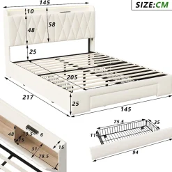 lit double 160x200 avec tiroirs,lit capitonné,rangement tête de lit, tête de lit ouverte,chargement USB,LED réglable,velours,beige