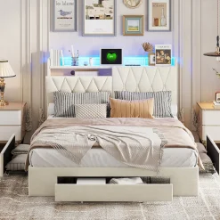 lit double 160x200 avec tiroirs,lit capitonné,rangement tête de lit, tête de lit ouverte,chargement USB,LED réglable,velours,beige