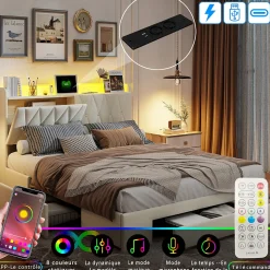 lit double 160x200 avec tiroirs,lit capitonné,rangement tête de lit, tête de lit ouverte,chargement USB,LED réglable,velours,beige