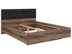 Lit double 160x200 avec tête de lit rembourrée noir ,coloris Chêne marron foncé - L. 206 x P. 165 x H. 42-98,5 cm