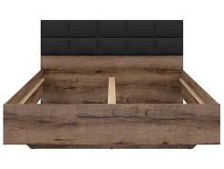 Lit double 160x200 avec tête de lit rembourrée noir ,coloris Chêne marron foncé - L. 206 x P. 165 x H. 42-98,5 cm