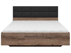 Lit double 160x200 avec tête de lit rembourrée noir ,coloris Chêne marron foncé - L. 206 x P. 165 x H. 42-98,5 cm