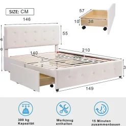 Lit Double 140x200 cm - avec 4 Tiroirs, Lit Confortable en Velours, Tête de Lit capitonnée, Sans Matelas, Beige