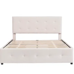 Lit Double 140x200 cm - avec 4 Tiroirs, Lit Confortable en Velours, Tête de Lit capitonnée, Sans Matelas, Beige