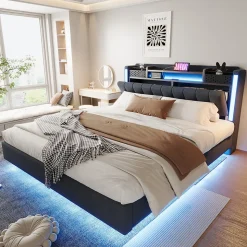 Lit Double 160x200 cm - avec Coffre de Rangement, LED et Port USB Intégré, Sans Matelas, Tissu Lin, Gris