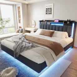 Lit Double 160x200 cm - avec Coffre de Rangement, LED et Port USB Intégré, Sans Matelas, Tissu Lin, Gris