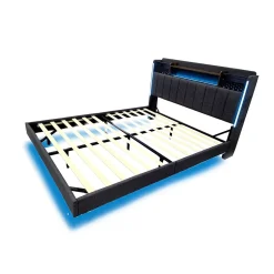 Lit Double 160x200 cm - avec Coffre de Rangement, LED et Port USB Intégré, Sans Matelas, Tissu Lin, Gris