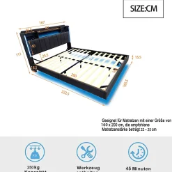 Lit Double 160x200 cm - avec Coffre de Rangement, LED et Port USB Intégré, Sans Matelas, Tissu Lin, Gris