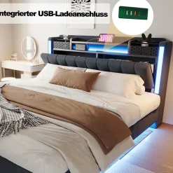 Lit Double 160x200 cm - avec Coffre de Rangement, LED et Port USB Intégré, Sans Matelas, Tissu Lin, Gris