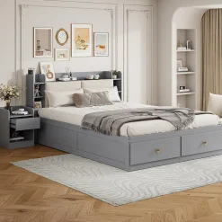 Lit Double 140x200 cm - avec Rangement Intégré et Tiroirs Latéraux, Banc Coffre pour Gain de Place - Gris