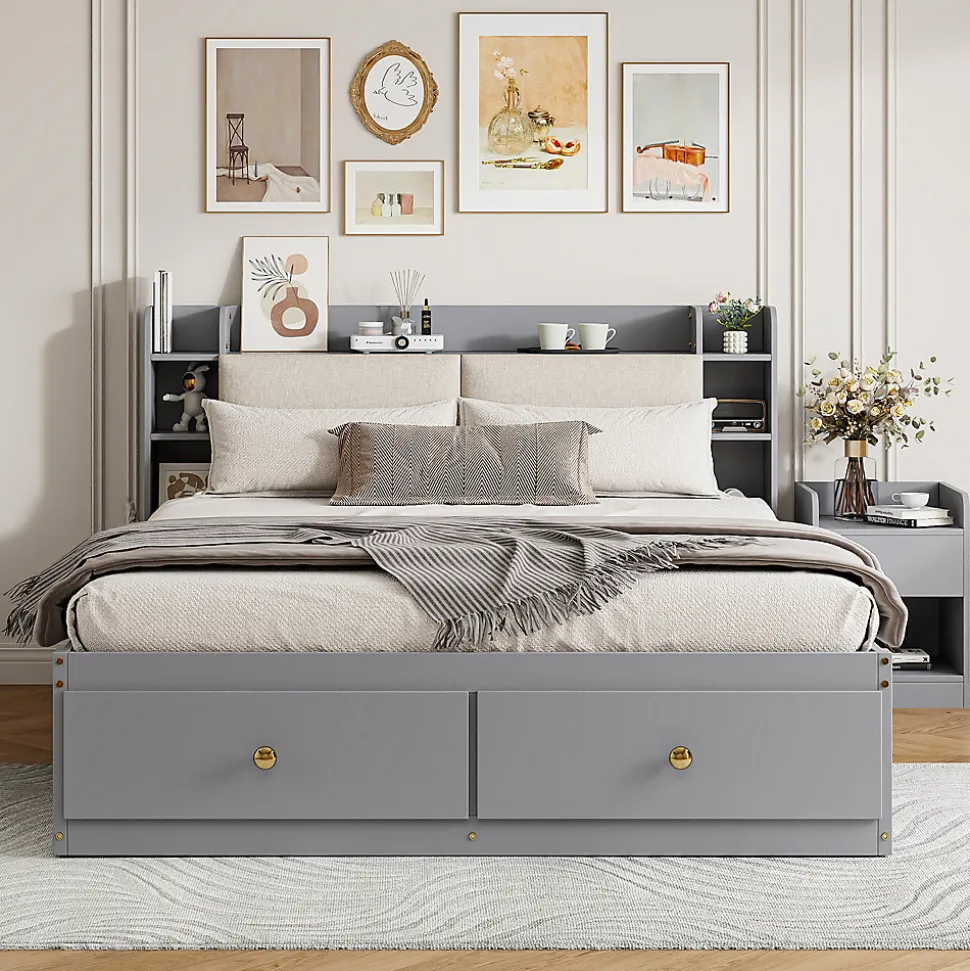 Lit Double 140x200 cm - avec Rangement Intégré et Tiroirs Latéraux, Banc Coffre pour Gain de Place - Gris