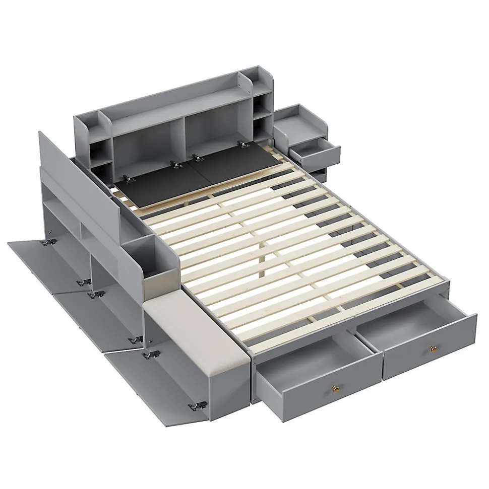 Lit Double 140x200 cm - avec Rangement Intégré et Tiroirs Latéraux, Banc Coffre pour Gain de Place - Gris