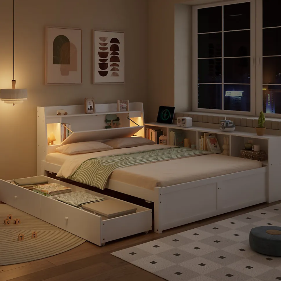 Lit Double 140x200 cm - avec Rangement, Tiroirs sous le Lit, Chargeur et Lumière Intégrée, en MDF Blanc, Sans Matelas