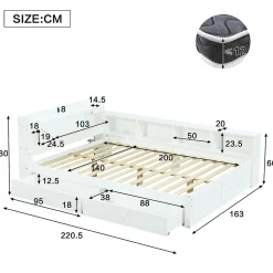 Lit Double 140x200 cm - avec Rangement, Tiroirs sous le Lit, Chargeur et Lumière Intégrée, en MDF Blanc, Sans Matelas