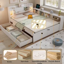 Lit Double 140x200 cm - avec Rangement, Tiroirs sous le Lit, Chargeur et Lumière Intégrée, en MDF Blanc, Sans Matelas